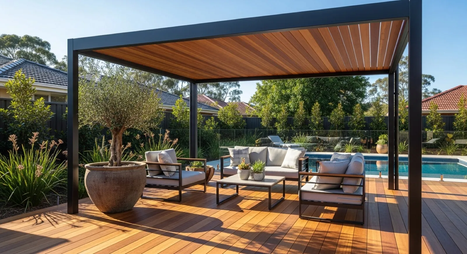 Steel pergola with timber-lined roof over a deck and outdoor lounge beside a backyard pool